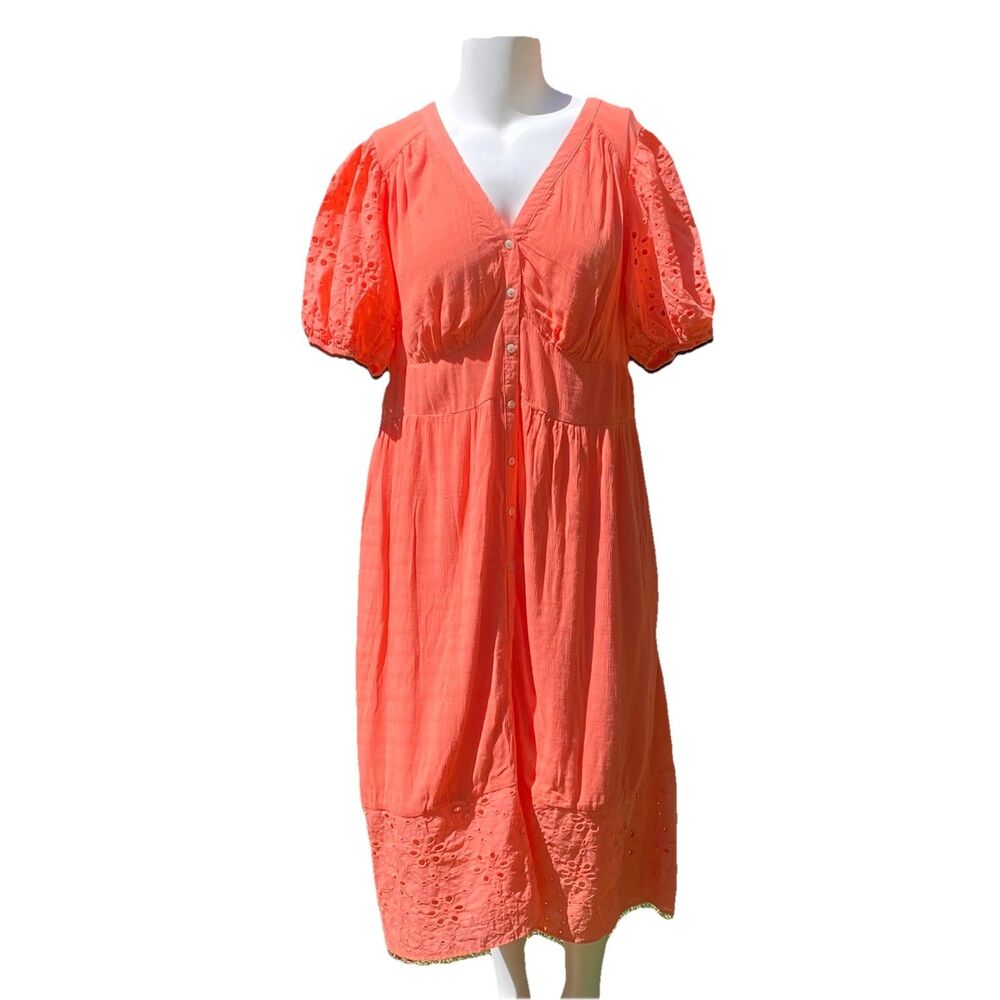 Knox Rose Midi Dress XXL Eyelet Puff Sleeve Button Front Coral Cottage Pockets